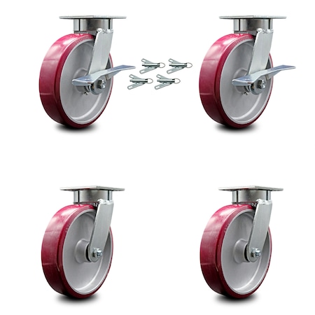 8 Inch Kingpinless Poly On Aluminum Wheel Caster Swivel Locks 2 Brakes SCC, 4PK